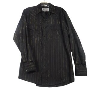 Vtg Crazy Cowboy Mens Western Shirt Black Gold Metallic Pinstripe Snap Front M